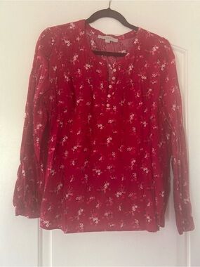 LOFT Red Floral Long-Sleeve Henley Top